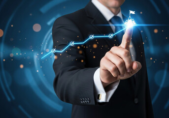 A close-up of a businessman’s hand in a suit pointing forward, futuristic glowing progress line graph with checkmarks on each step, ending with a mountain peak and flag icon