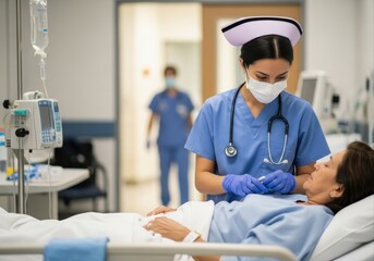 compassionate nurse in scrubs and face mask tends to senior patient in hospital room. professional medical care, treatment, and support.