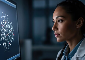 focused female scientist studies complex molecular structure on computer. researcher in dark lab analyzing data. scientific research, innovation, and discovery concept.