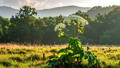 Obraz premium A tall flowering plant with large white flower heads rises from a grassy meadow. Mountains and trees form the backdrop at sunset