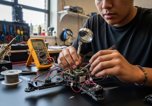 focused young person builds or repairs drone, meticulously working on its electronics with tools in workshop. stem education, engineering, and technology concept.