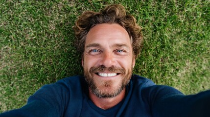 Man smiling in grassy field.