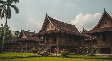 Obraz premium Traditional Wooden Thai Houses on Elevated Stilts in Lush Green Garden