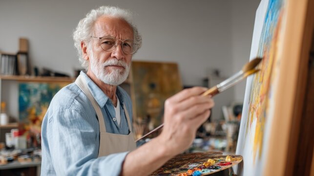 Older man painting in art studio.