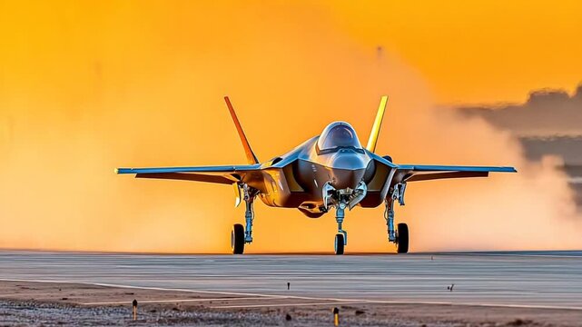 F-35 Fighter Jet Landing on Runway at Sunrise - Powerful Military Aviation Sequence