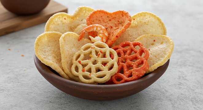 Colorful Indian Papadum Snack Bowl with Shrimp Heart-shaped Papadum and Crispy Rings