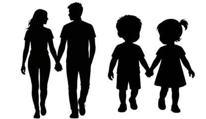 set of silhouettes of couples on a transparent background. Family silhouette on transparent background. Family. People. Love. Unity.