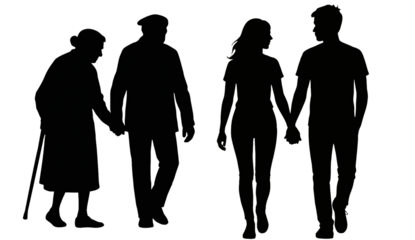 set of silhouettes of couples on a transparent background. . Silhouette of a couple holding hands on transparent background. Trust. Romance. Partnership. Life together.