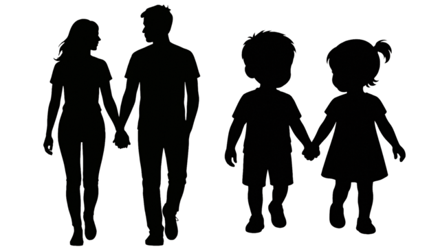 set of silhouettes of couples on a transparent background. Family silhouette on transparent background. Family. People. Love. Unity.