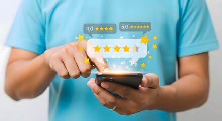 Person using smartphone with star rating icons and speech bubbles displaying customer feedback scores