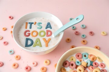 Good Day Cereal: A cheerful bowl of cereal proclaims 'IT'S A GOOD DAY', a vibrant mix of colorful cereals and milk on a pastel backdrop. A spoonful suggests breakfast joy 