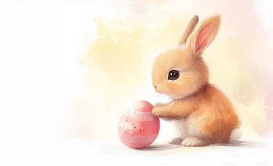 Hand painted illustration of baby bunny touching pink speckled Easter egg on soft pastel background with copy space