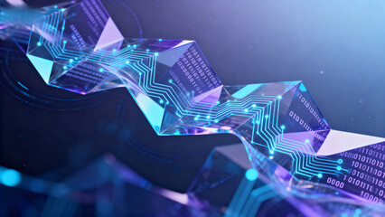 Abstract digital circuitry formed by glowing geometric shapes with binary code and data streams in a futuristic tech environment