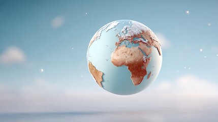 Futuristic Holographic Earth Globe Floating in Soft Cloudy Sky Background Cinematic Light