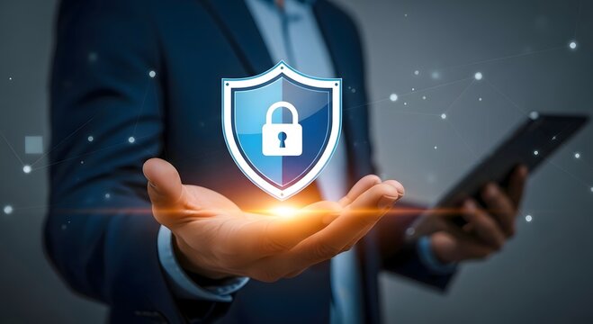 A businessman presents a digital shield with a padlock, symbolizing cybersecurity on a dark background - Powered by Adobe