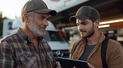 Men interacting with tablet in a business setting with vehicle outdoors