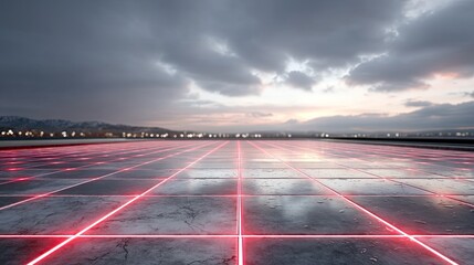 Futuristic Red Grid Over Reflective Surface Under Cloudy Sky at Dusk