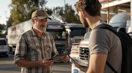 Two men in casual clothing engage in outdoor market discussion with tablets