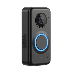 Obraz premium Black smart doorbell with illuminated blue ring and camera lens video doorbell security camera