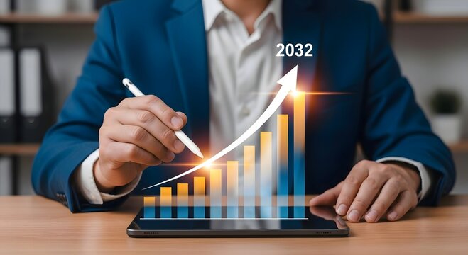 A person in a blue suit using a stylus on a tablet displaying a rising bar graph with the year 2032 - Powered by Adobe