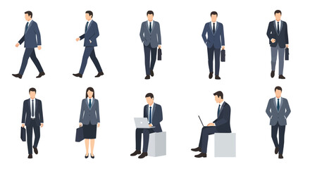 Diverse group of business professionals in suits, walking and working, showcasing corporate success and teamwork with modern style for professional presentations