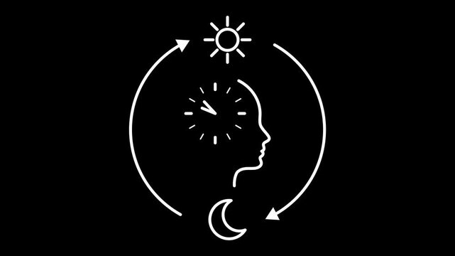 Circadian rhythm. Loop animation with human profile, clock, sun and moon cycle. Concept of circadian health, body clock, biological rhythm, sleep and wake cycle. Alpha channel, green screen background