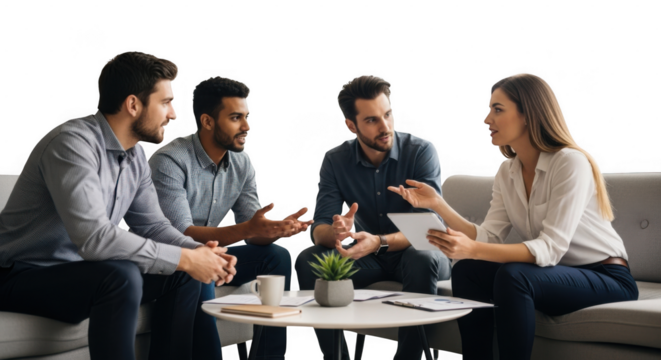 Four colleagues sitting on a couch in a casual setting, actively discussing ideas and looking at a tablet isolated on transparent background - Powered by Adobe