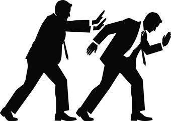 Businessman silhouette pushing colleague, corporate pressure concept, black vector art, urgency in workplace, professional motivation, competitive business illustration