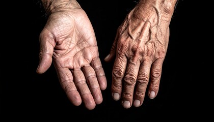 Fototapeta premium An overhead studio shot presents aging hands with visible veins, detailed textures, and fine lines, against a stark black backdrop