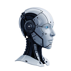 Futuristic humanoid robot head with AI symbol and blue glowing eyes android artificial intelligence