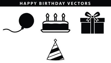 Birthday Party Icons Vector Set: Cake, Balloon, Gift, and Hat