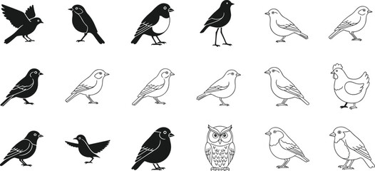 Cartoon bird silhouette set, owl, chicken, songbird vector icons, black animal illustration, playful avian character design elements