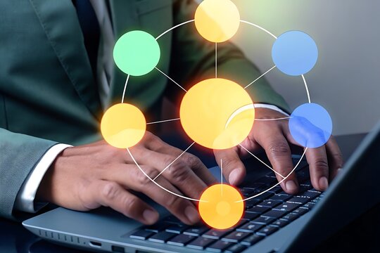 Businessman's hands typing on laptop, connected network concept; modern, professional, and subtly glowing infographic elements overlaid; dark, moody atmosphere; strategic planning and global