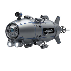Fototapeta premium Futuristic Silver Submarine with Cameras and Lights on Black Background underwater