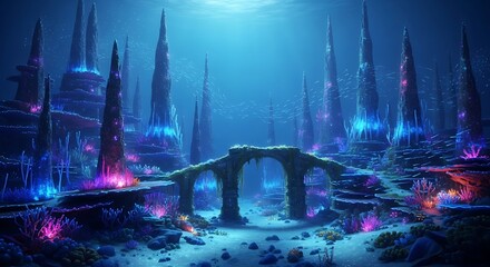 Obraz premium Underwater Ruins with Glowing Coral and Marine Life Abundance Depiction