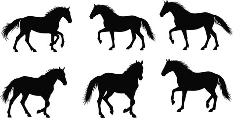 Collection of horse silhouette vector illustrations featuring running, walking, and trotting poses for animal, farm, and design projects