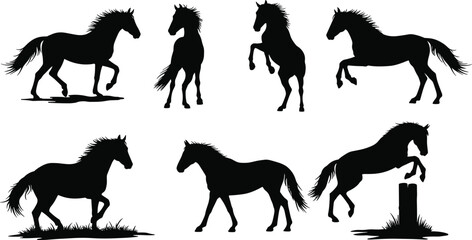 Collection of horse silhouette vector illustrations showing running, jumping, standing, and rearing poses for design, decoration, and artistic use