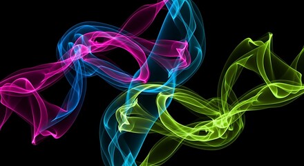 Colorful Abstract Smoke Waves Pink, Blue, and Green Light Streaks Against Black Background