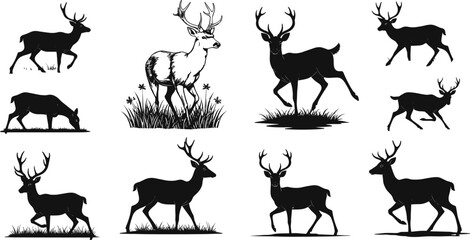 Deer silhouette vector collection with grazing, walking, running, and standing poses for wildlife nature design, hunting illustration, and artwork