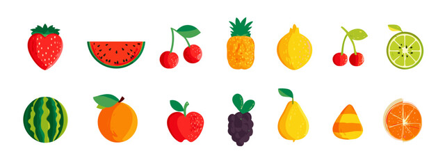 Colorful Fruit Icons on Transparent Background