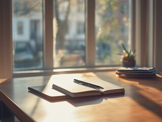 A minimalist workspace, with an open notebook and a pen placed precisely on the vast surface of a large, empty wooden desk, while soft morning light streams in through the nearby window.