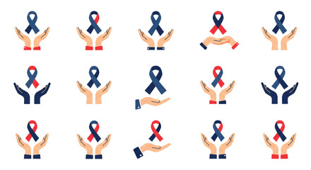Hands holding ribbons representing cancer awareness and support on white backdrop symbolizing hope and solidarity.