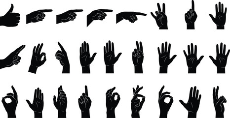 Hand gesture silhouette set, black vector signs, symbolic communication icons, nonverbal language illustration, body signal poses, expressive hand art
