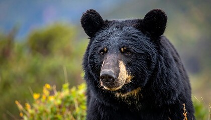 Obraz premium A close-up portrait of a black mammal with a distinctive face, surrounded by lush greenery and a blurred background