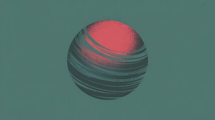 Abstract sphere with textured red sun and swirling teal lines circle