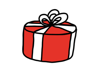 Simple, hand-drawn doodle of a round red gift box tied with a white ribbon and bow. Minimalist cartoon style for holiday, birthday, or surprise web graphics. Isolated on a transparent PNG background