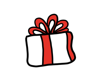 Simple hand-drawn doodle of a white gift box tied with a bright red ribbon and bow. Minimalist cartoon style for holidays, birthdays, or surprise web graphics. Isolated on a transparent PNG background