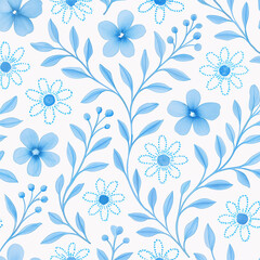 Floral Elegance: A seamless pattern blooms with delicate blue flowers and intricate leaves. This design whispers of serenity and refined beauty.