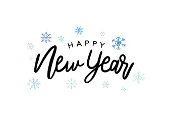 Happy New Year hand-lettered greeting surrounded by abstract blue and green snowflakes. Modern brush script typography for holiday posters, banners, social media, or cards. Winter seasonal graphic.