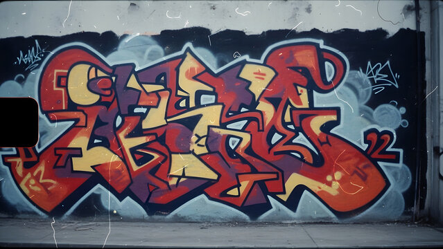 Vibrant wildstyle graffiti art featuring interlocking letters in red, orange, yellow, and purple, painted on a concrete wall with a smoky background.